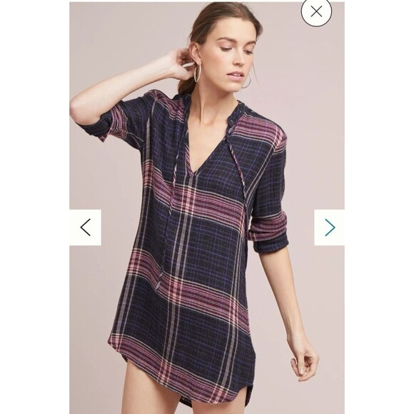 Cloth & Stone Anthropologie Plaid Tunic Shirt Dress High Low Hem Grunge Revival - Picture 16 of 16